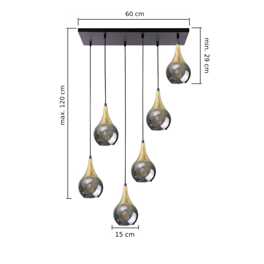 Пендел LACRIMA SMOKY 6xE27/60W/230V черен/златист/опушен черен