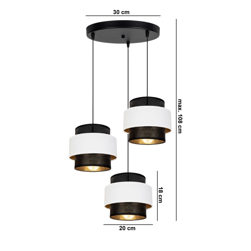 Пендел NESS 3xE27/60W/230V Ø 45 см черен/бял