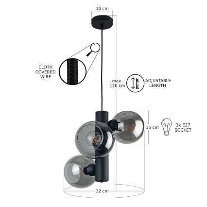 Пендел TUBE 3xE27/60W/230V черен/опушен черен