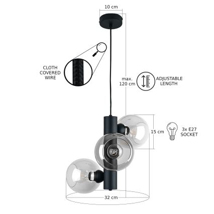 Пендел TUBE 3xE27/60W/230V черен/прозрачен