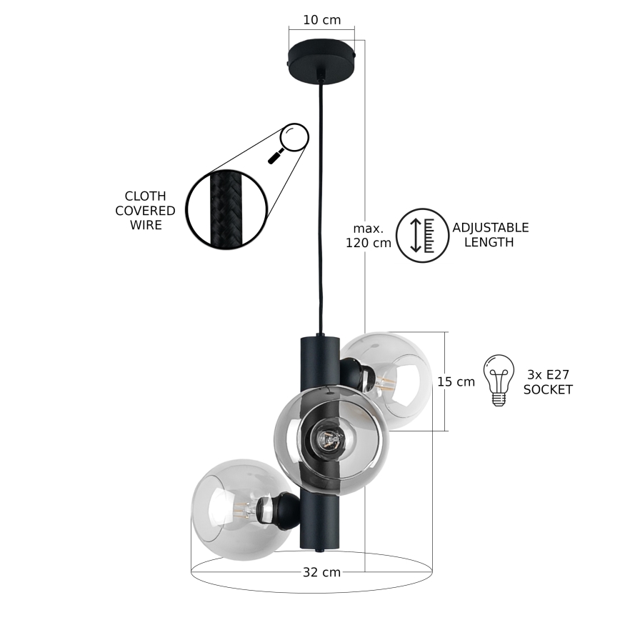 Пендел TUBE 3xE27/60W/230V черен/прозрачен
