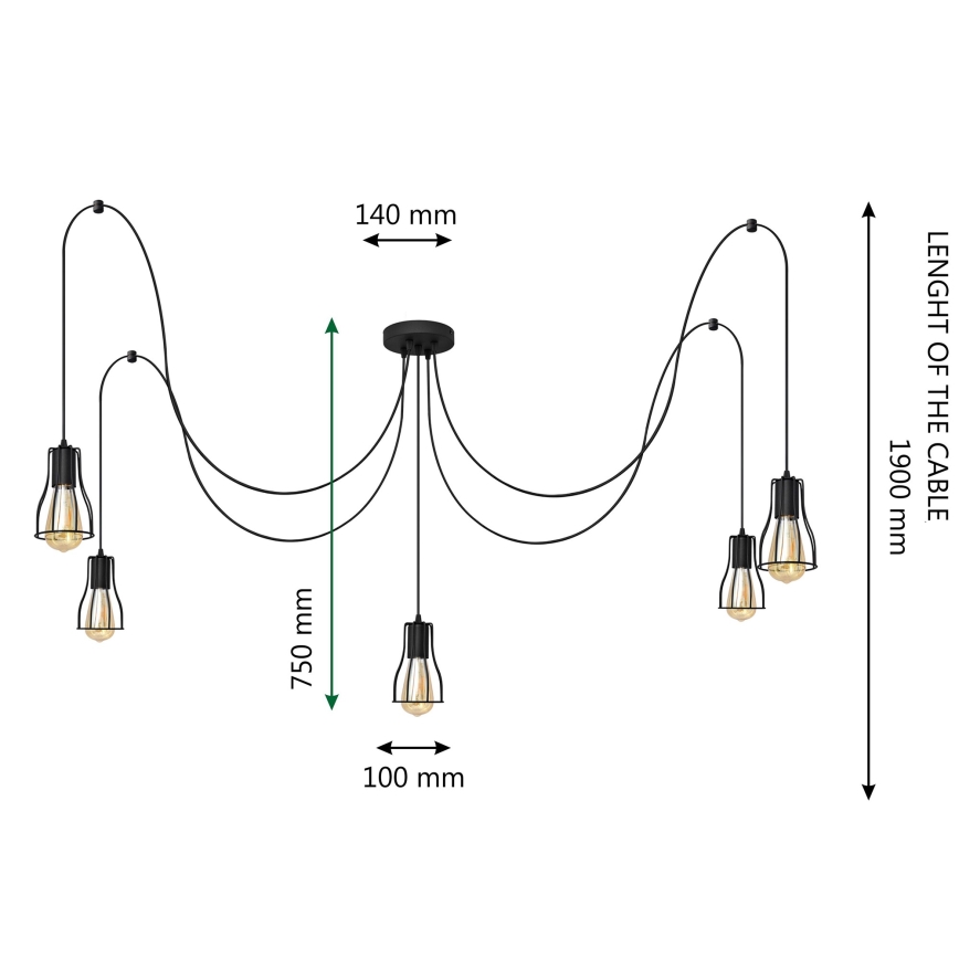 Пендел TUBE 5xE27/15W/230V паяк черен