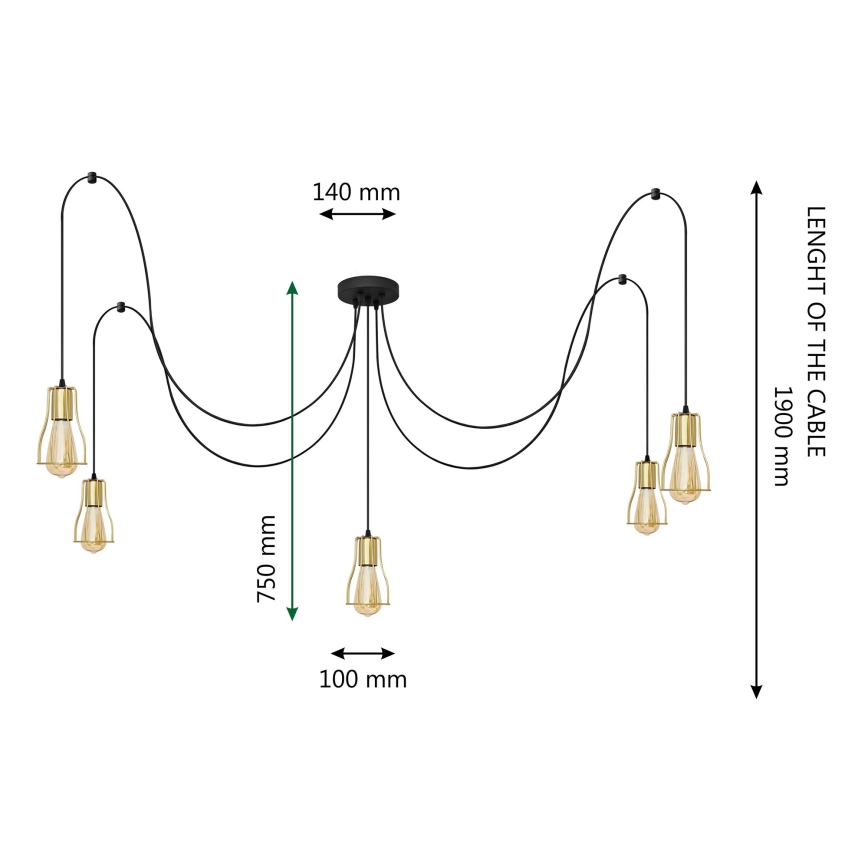 Пендел TUBE 5xE27/15W/230V паяк черен/златист