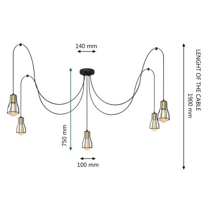 Пендел TUBE 5xE27/15W/230V паяк черен/златист