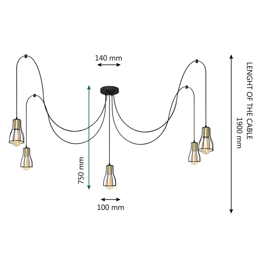 Пендел TUBE 5xE27/15W/230V паяк черен/златист