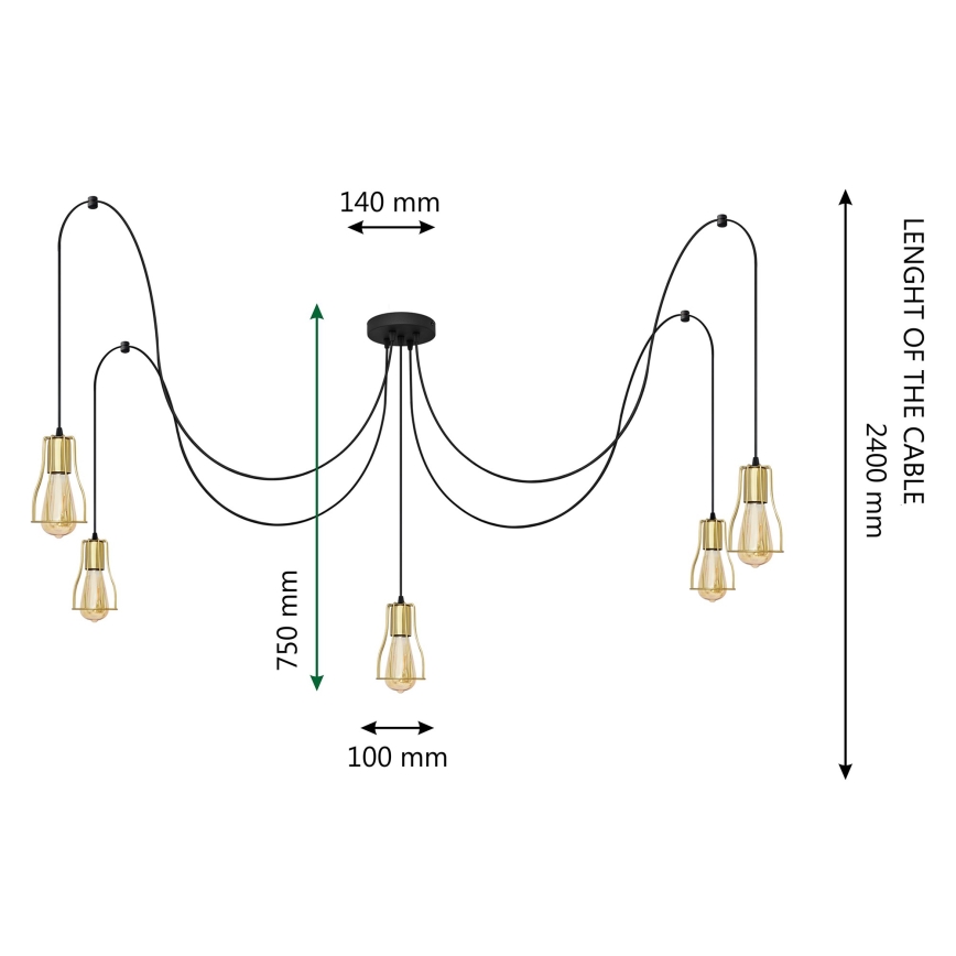 Пендел TUBE LONG 5xE27/15W/230V черен/златист