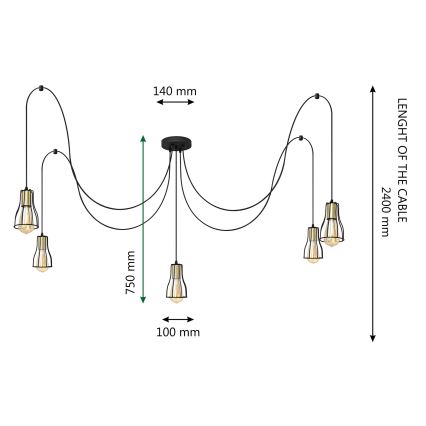 Пендел TUBE LONG 5xE27/15W/230V черен/златист