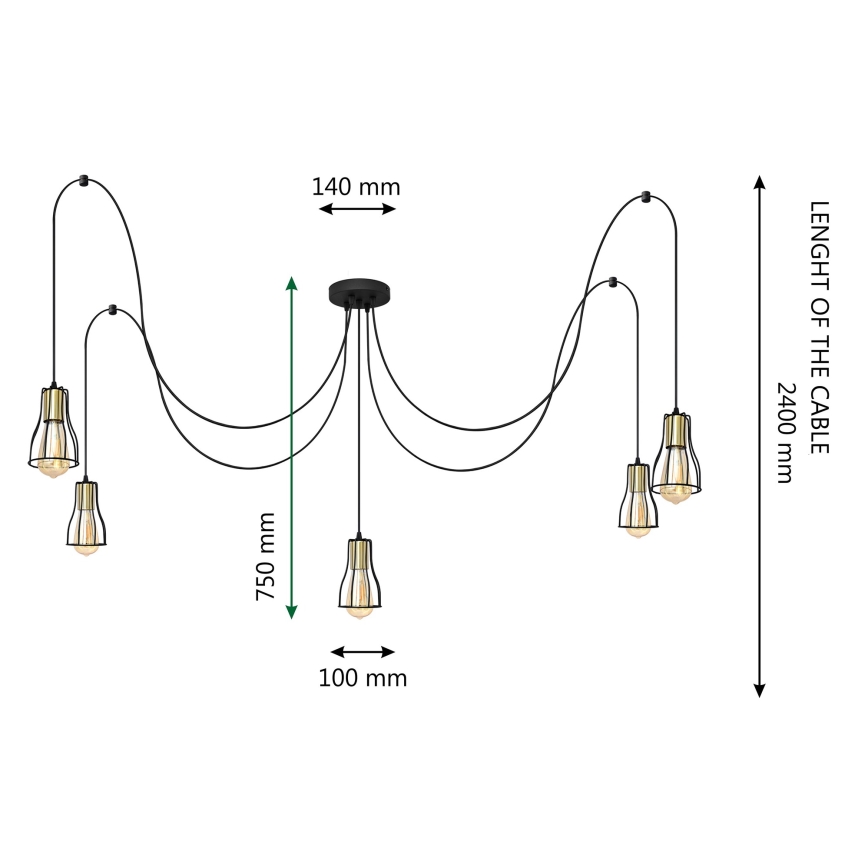 Пендел TUBE LONG 5xE27/15W/230V черен/златист