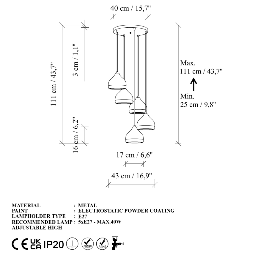 Пендел YILDO 5xE27/40W/230V бял/златист