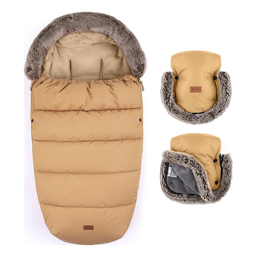 PETITE&MARS - К-кт Бебешко чувалче 4в1 COMFY + ръкавици за количка FURRY Elegant Caramel