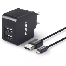 Philips DLP2307U/12 - Зареждащ адаптер 2xUSB/15,5W/230V + кабел micro USB 1 м