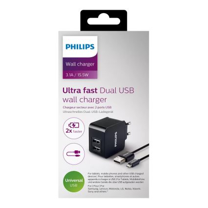 Philips DLP2307U/12 - Зареждащ адаптер 2xUSB/15,5W/230V + кабел micro USB 1 м