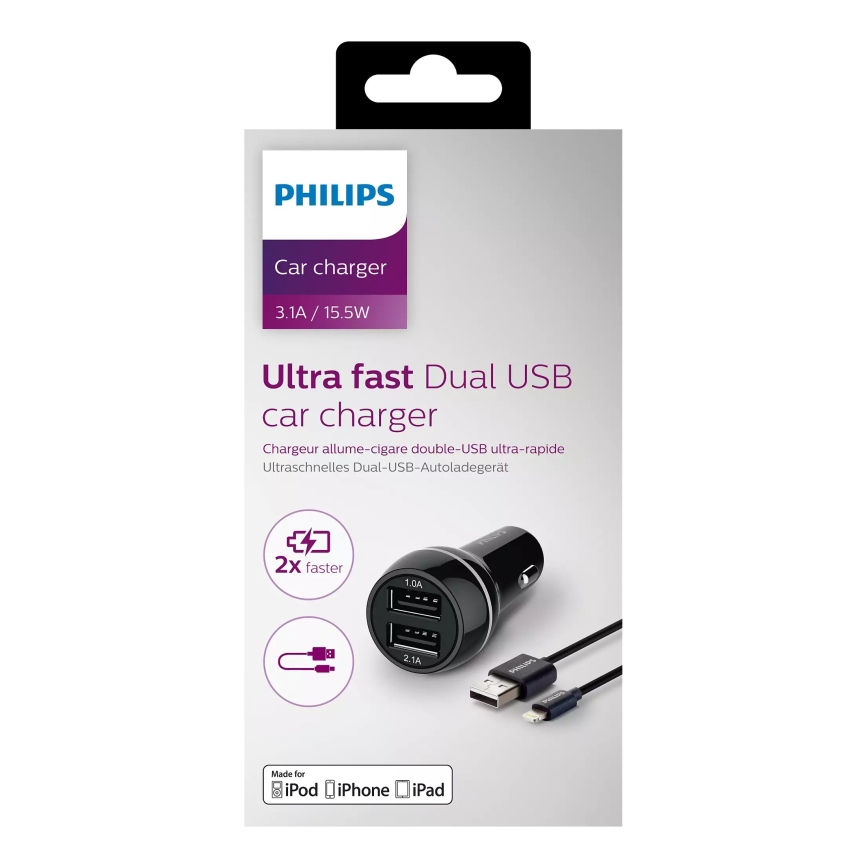 Philips DLP2357V/10 - Зарядно за кола 2xUSB/12V + кабел  USB/lightning конектор