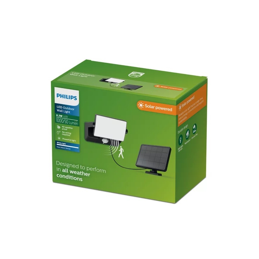 Philips - LED соларен стенен прожектор със сензор FYNS LED/8,2W/3,7V 2600 mAh 3000K IP44 черен