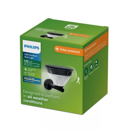 Philips - LED соларна стенна лампа със сензор KYNA LED/3,8W/3,7V 800 mAh 2700K IP44 черна