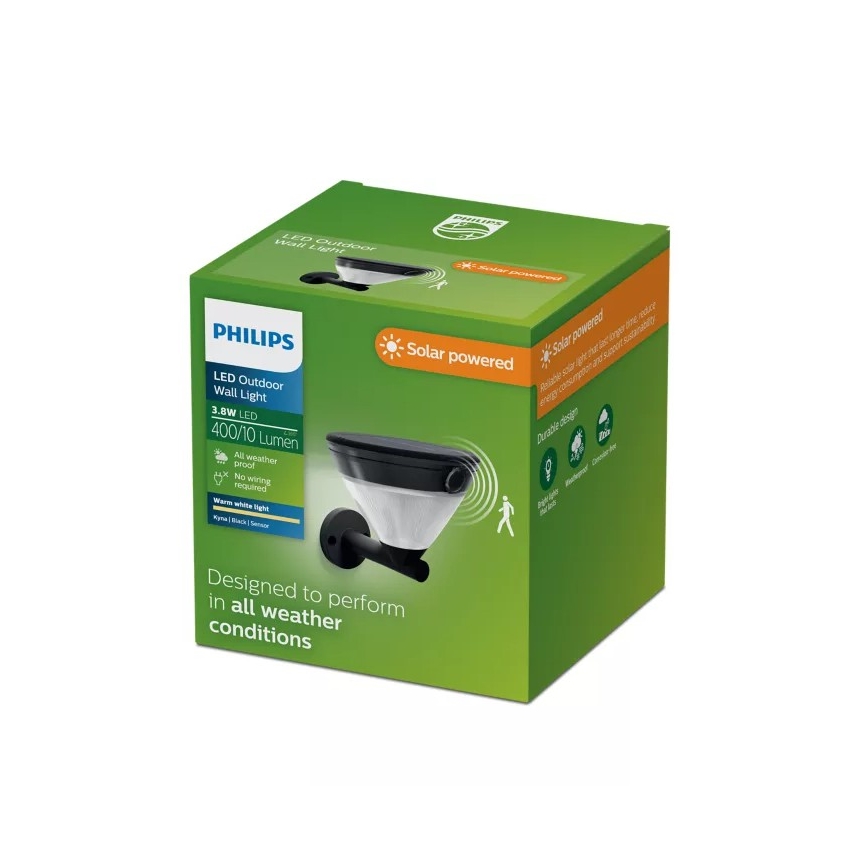Philips - LED соларна стенна лампа със сензор KYNA LED/3,8W/3,7V 800 mAh 2700K IP44 черна