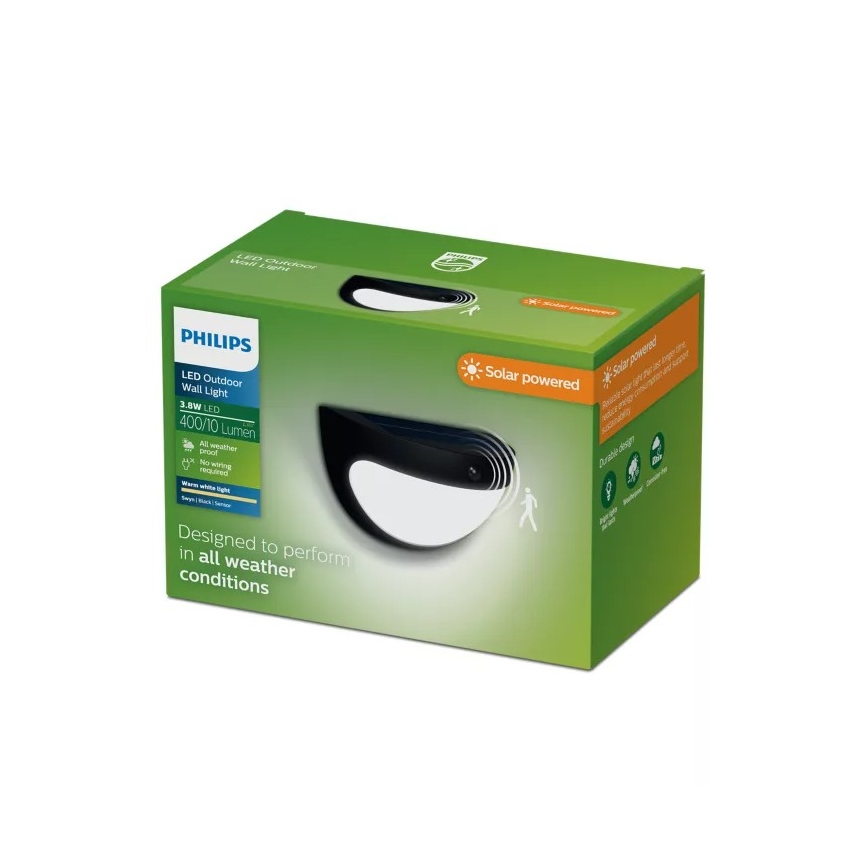 Philips - LED соларна стенна лампа със сензор SWYN LED/3,8W/3,7V 800 mAh 2700K IP44 черна