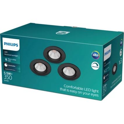 Philips - Комплект от 3 бр. LED регулируеми вградени осветителни тела SPARKLE LED/5,5W/230V 2700K черен
