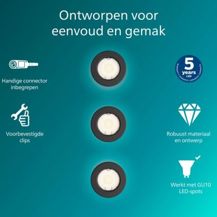 Philips - КОМПЛЕКТ 3x Вградено осветително тяло PERIDOT 1xGU10/7W/230V черно