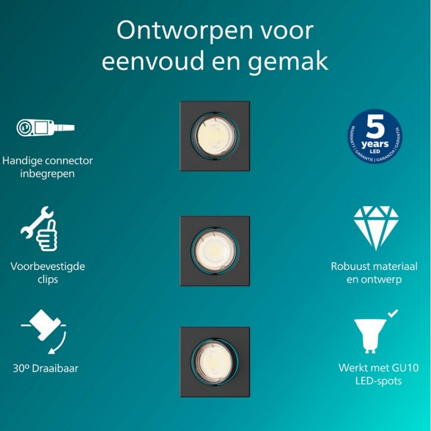 Philips - Комплект от 3 вградени осветителни тела PERIDOT 1xGU10/7W/230V черни