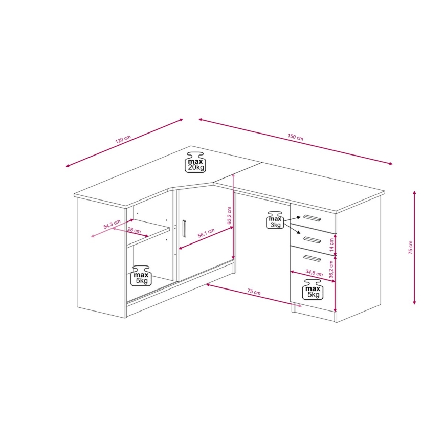Писмено бюро ROBERTO с рафт и чекмеджета – ляво изпълнение, артизански дъб/бяло