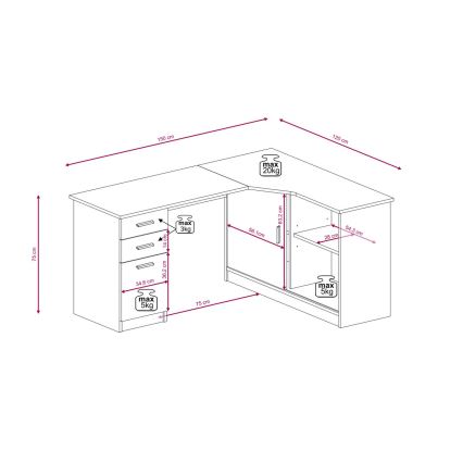 Писмено бюро с полица и чекмеджета ROBERTO, дясно, дъб artisan/бяло