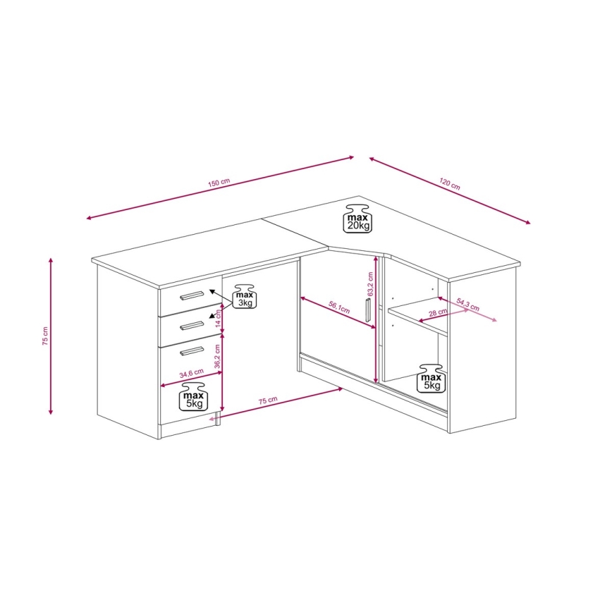 Писмено бюро с полица и чекмеджета ROBERTO, дясно, дъб artisan/бяло