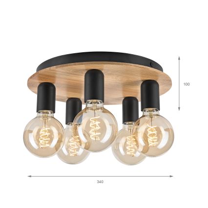 Плафон DUSTY 5xE27/15W/230V Ø 34 см дъб/черен