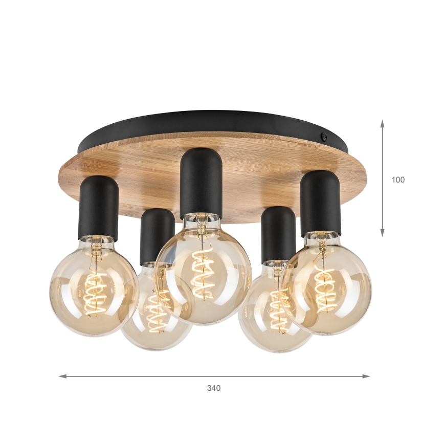 Плафон DUSTY 5xE27/15W/230V Ø 34 см дъб/черен