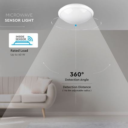 Плафон за баня със сензор 1xE27/60W/230V IP44 ø 29,6 см