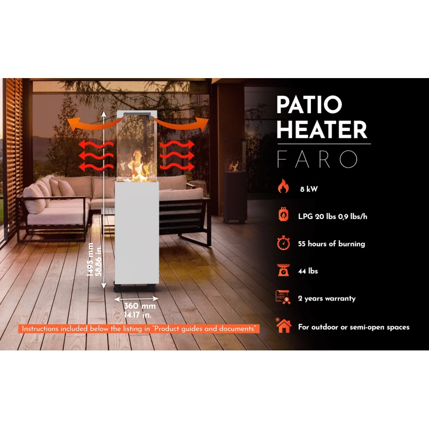 Planika - Екстериорен газ камина 142x36 см 8kW 1xAAA бял + защитно покритие