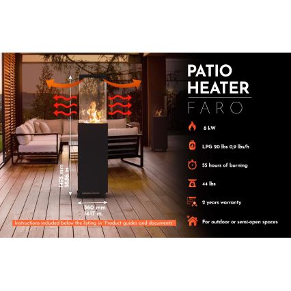 Planika - Екстериорен газ камина 142x36 см 8kW 1xAAA черен + защитно покритие