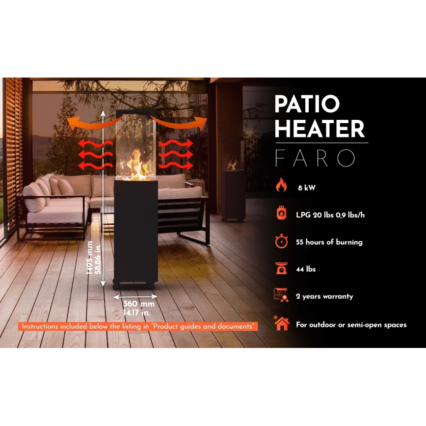 Planika - Екстериорен газ камина 142x36 см 8kW 1xAAA черен + защитно покритие