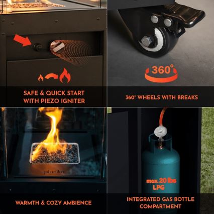 Planika - Екстериорен газ камина 142x36 см 8kW 1xAAA черен + защитно покритие