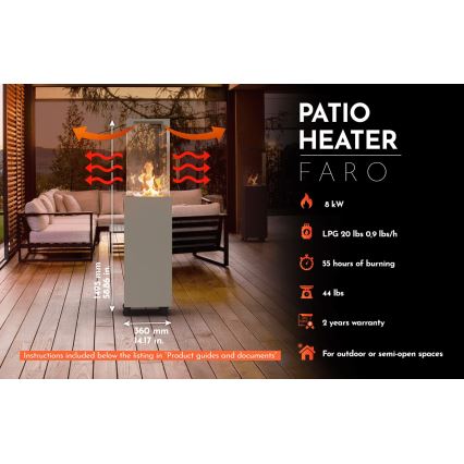 Planika - Екстериорен газ камина 142x36 см 8kW 1xAAA сив + защитно покритие