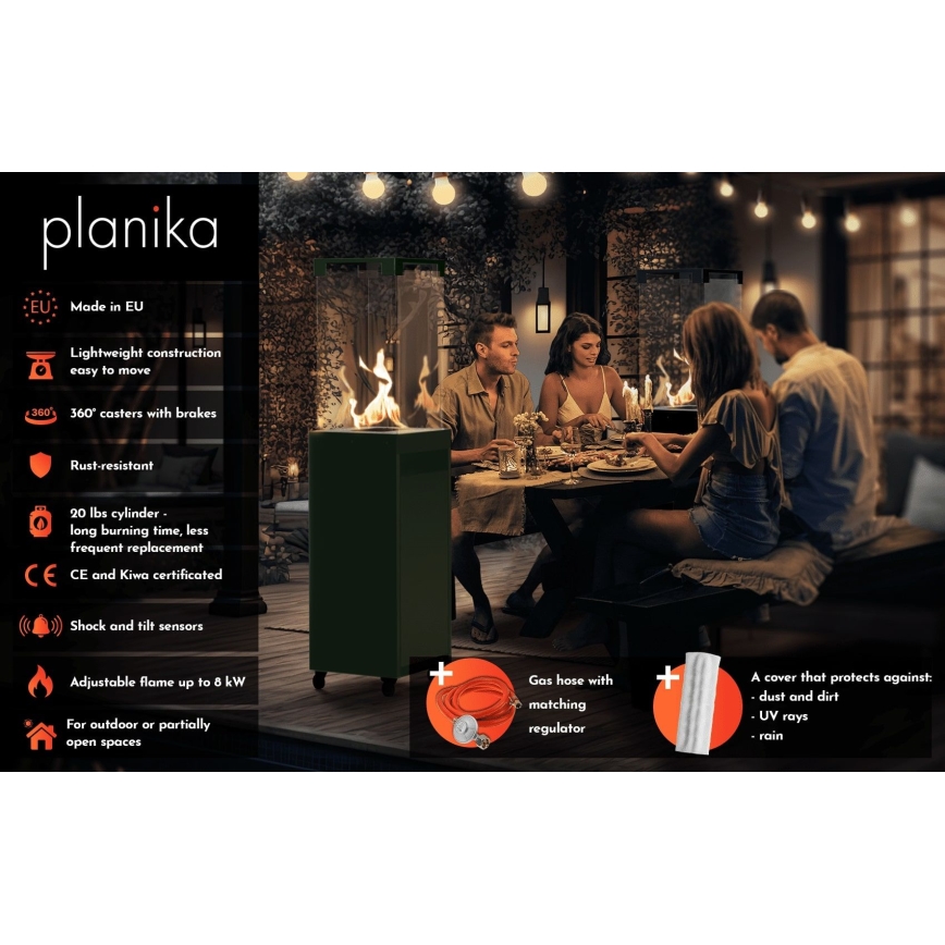 Planika - Екстериорен газ камина 142x36 см 8kW 1xAAA зелен + защитно покритие
