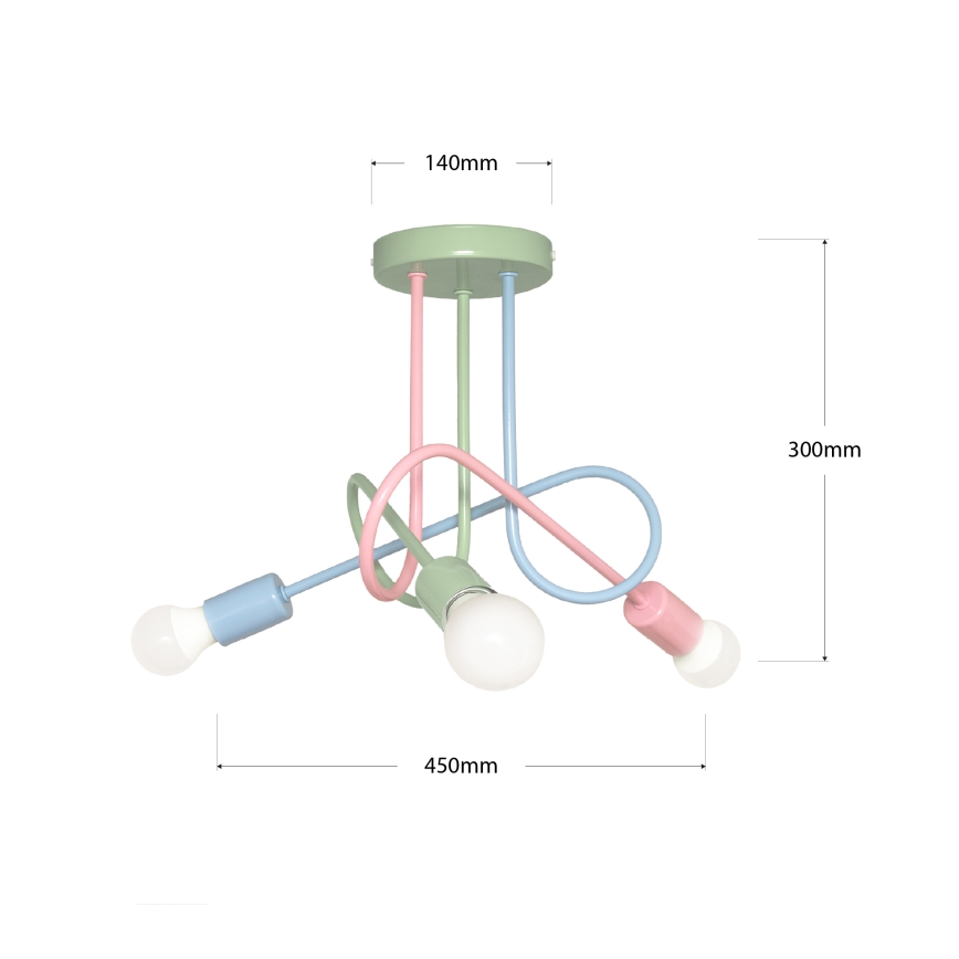 Плътно монтиран таванен полилей OXFORD 3xE27/15W/230V зелен/розов/син