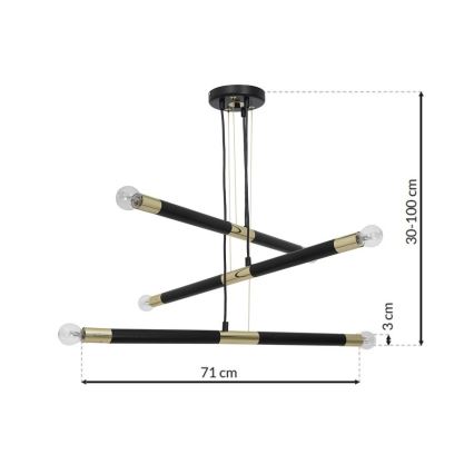 Полилей на въже BASTONE 6xE14/40W/230V черна/златна
