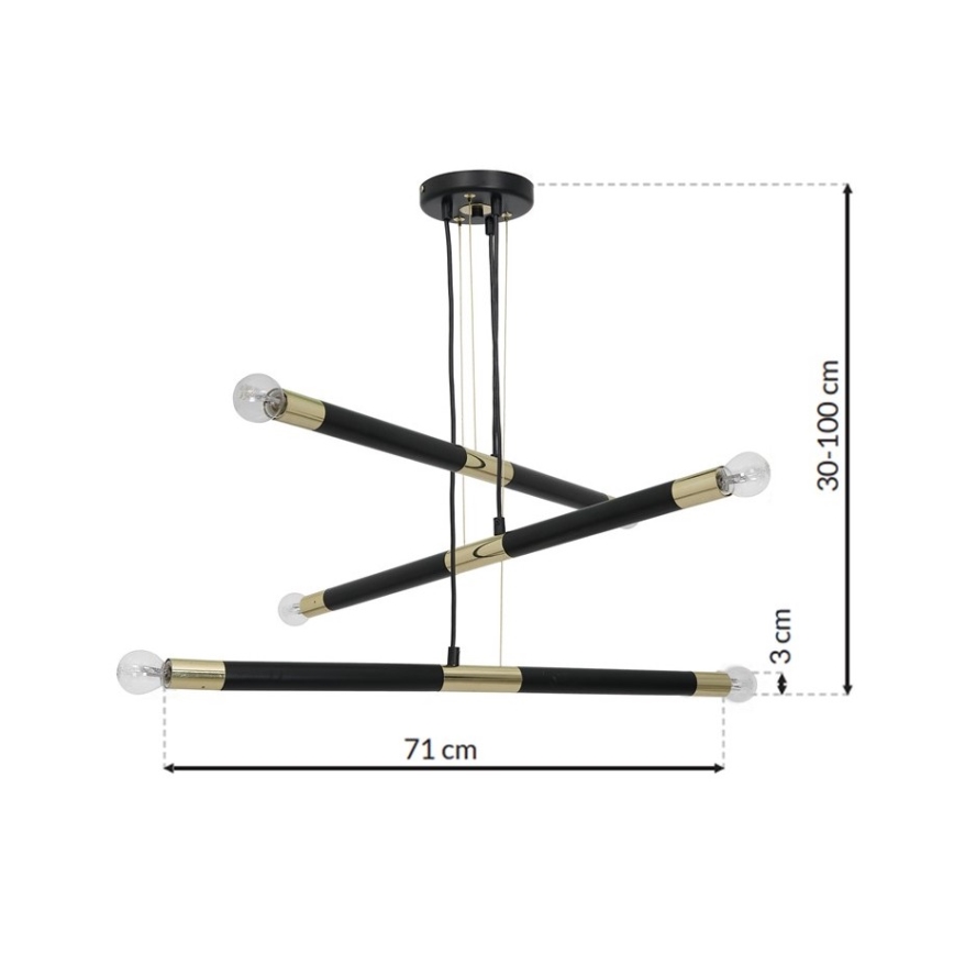 Полилей на въже BASTONE 6xE14/40W/230V черна/златна