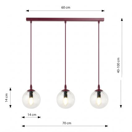 Полилей на кабел COSMO 3xE14/10W/230V червен/прозрачен