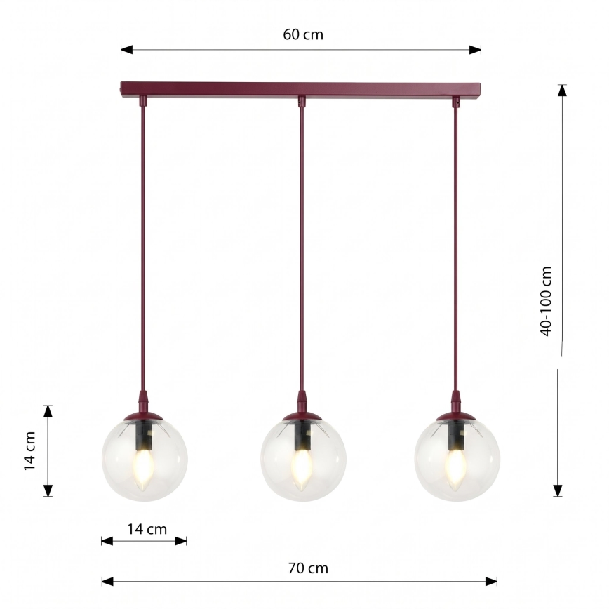Полилей на кабел COSMO 3xE14/10W/230V червен/прозрачен