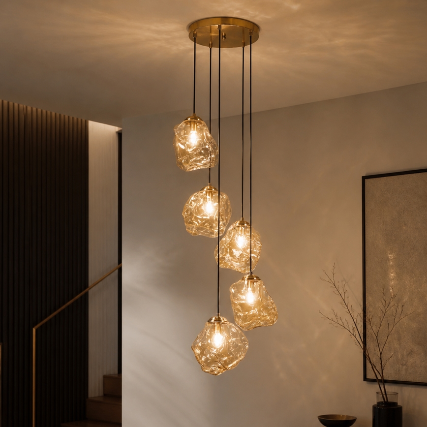 Полилей на кабел CRISTAL 5xE14/15W/230V месинг/димчато бежово