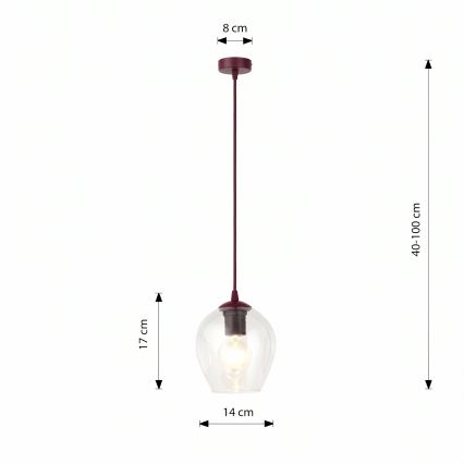 Полилей на кабел ISTAR 1xE27/15W/230V Ø 14 см червен/прозрачен