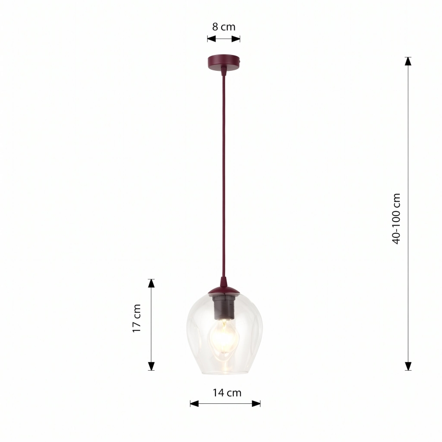 Полилей на кабел ISTAR 1xE27/15W/230V Ø 14 см червен/прозрачен