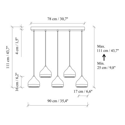 Полилей на кабел YILDO 5xE27/40W/230V черно/златисто