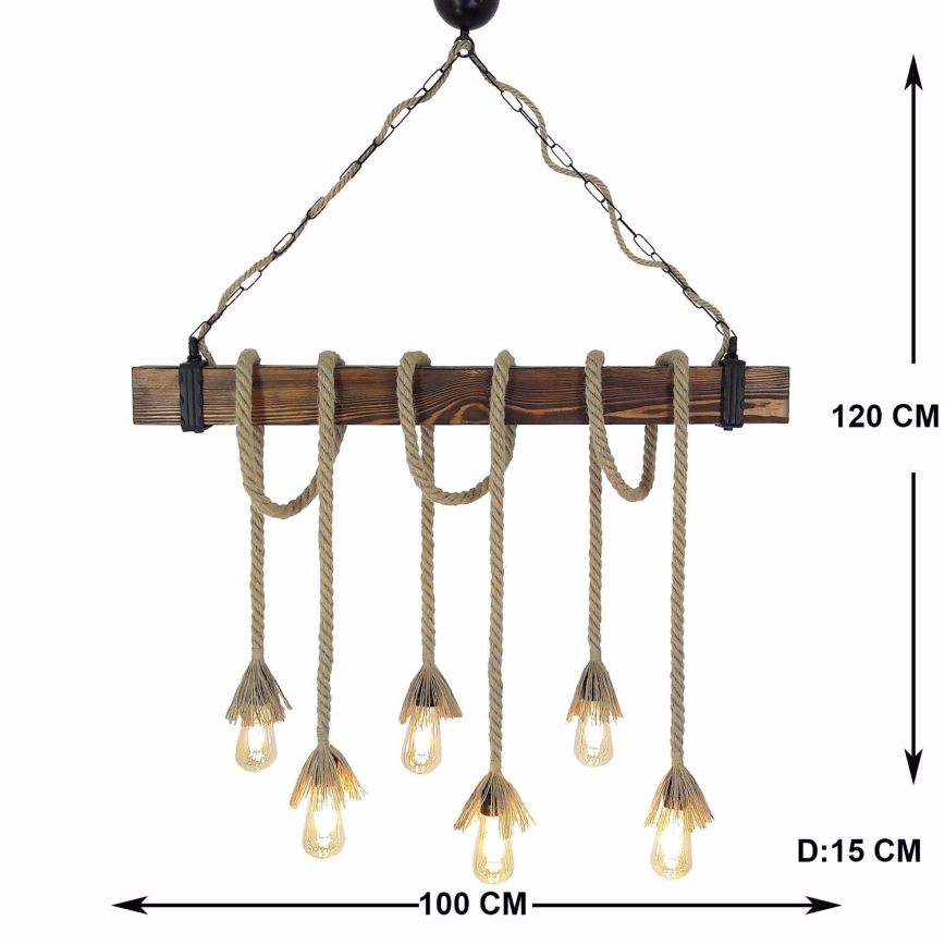 Полилей с кабелно окачване KUTUK 6xE27/40W/230V, борова дървесина