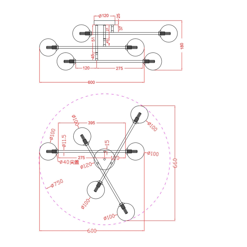 Полилей тип плафон DORADO 6xG9/28W/230V, златен