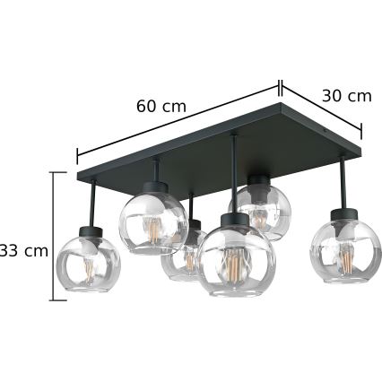 Полилей за повърхностен монтаж NESSA 6xE27/60W/230V черен/прозрачен