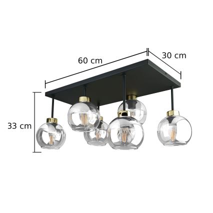 Полилей за повърхностен монтаж NESSA 6xE27/60W/230V черен/златист/прозрачен