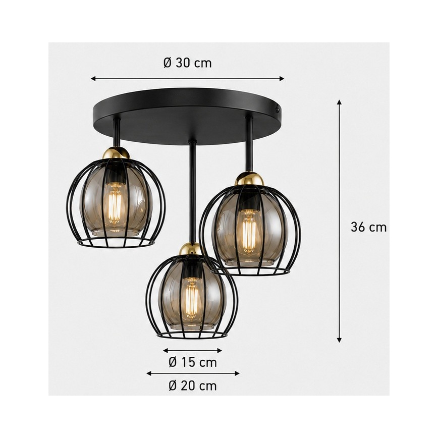 Полилей за повърхностен монтаж SOLO BLACK 3xE27/60W/230V Ø 30 см черен/златист